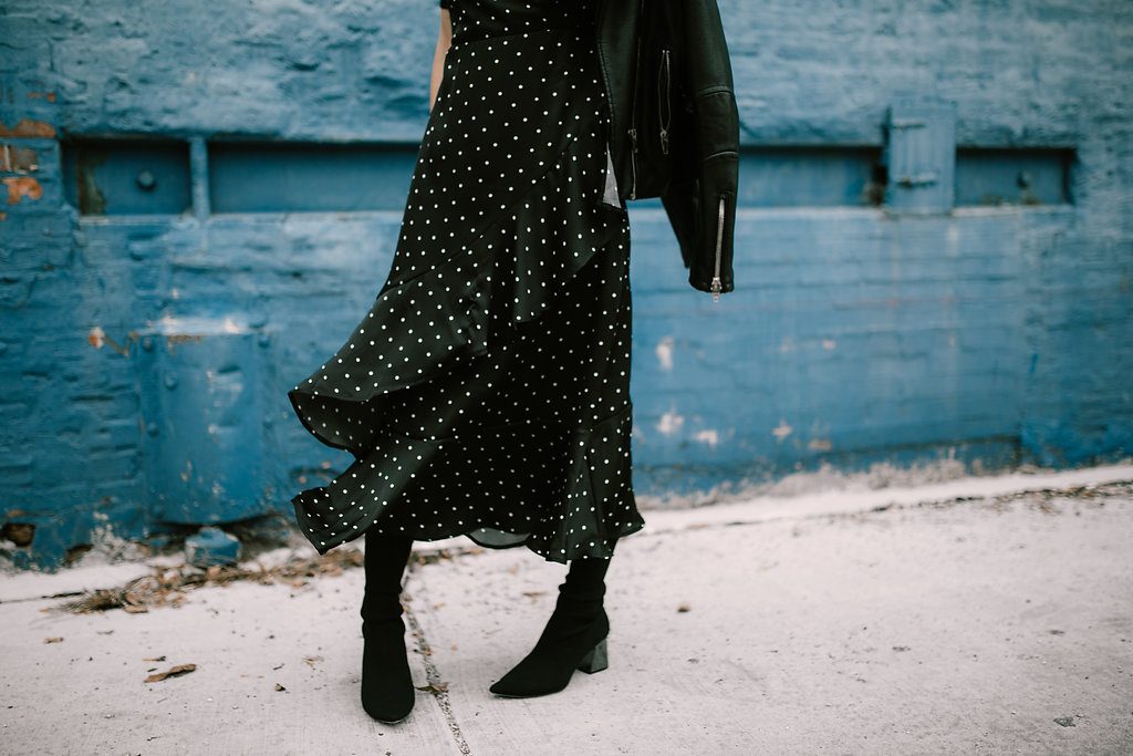 Blogger Mary Krosnjar wear Forever 21 Polka Dot Ruffle Dress and Fabric Style Booties