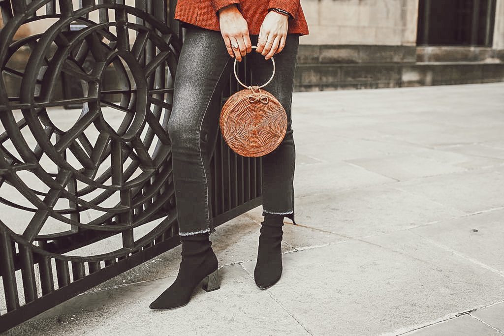 Blogger Mary Krosnjar wearing Sock Style Booties and Universal Thread Cropped Distressed denim 