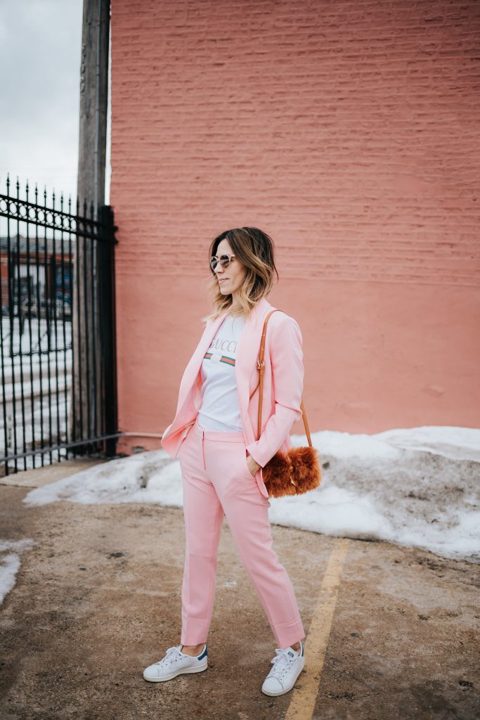 Blogger Mary Krosnjar wearing Pink Blazer and Matching Pants