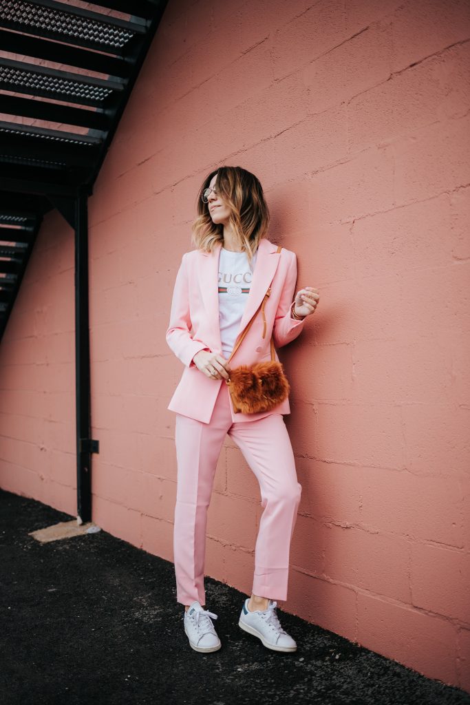 Blogger Mary Krosnjar wearing Pink Blazer and Matching Pants and Gucci T-shirt