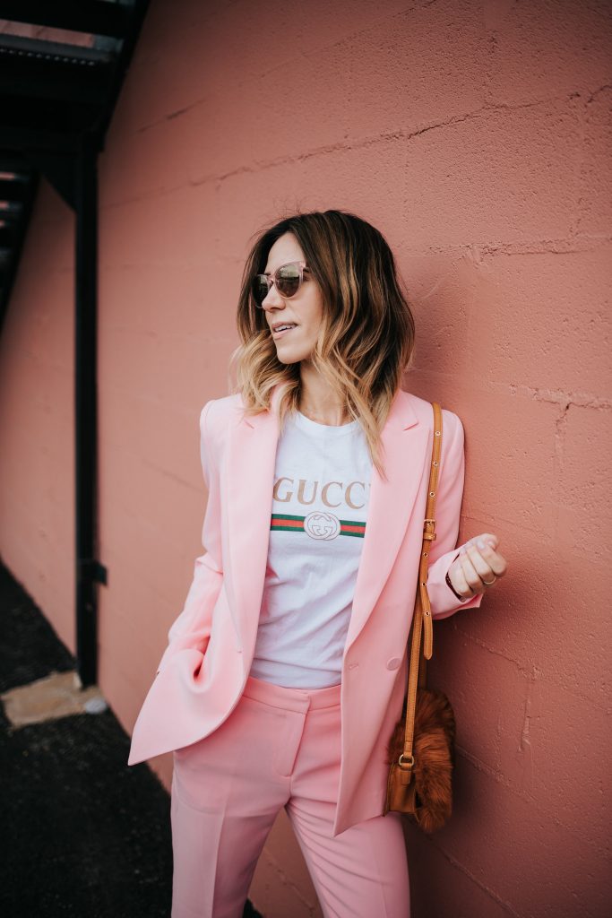 Blogger Mary Krosnjar wearing Gucci t-shirt with H&M Pink Blazer