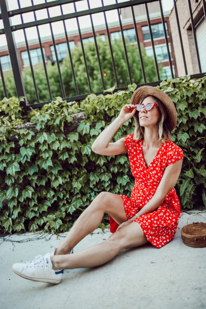 Blogger Mary Krosnjar wearing Floral Wrap Dress and Sole Society Straw Hat