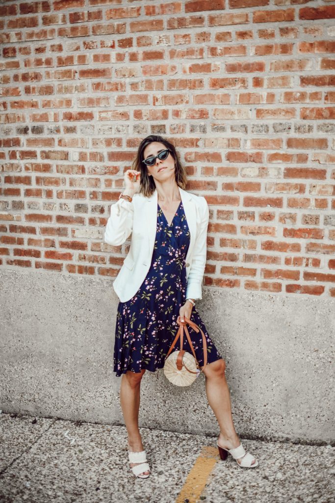 Blogger Mary Krosnjar wearing Floral Ruffle Wrap Dress and Linen Blend Blazer