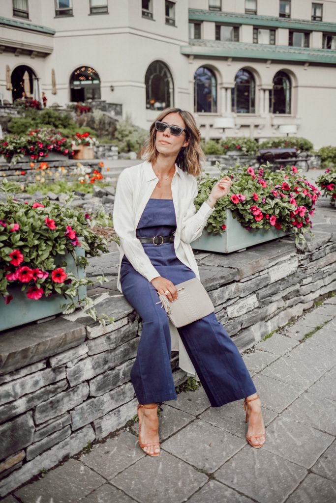 Blogger Mary Krosnjar wearing Long Sleeve Button-Up Tunic and Who What Wear Jumpsuit