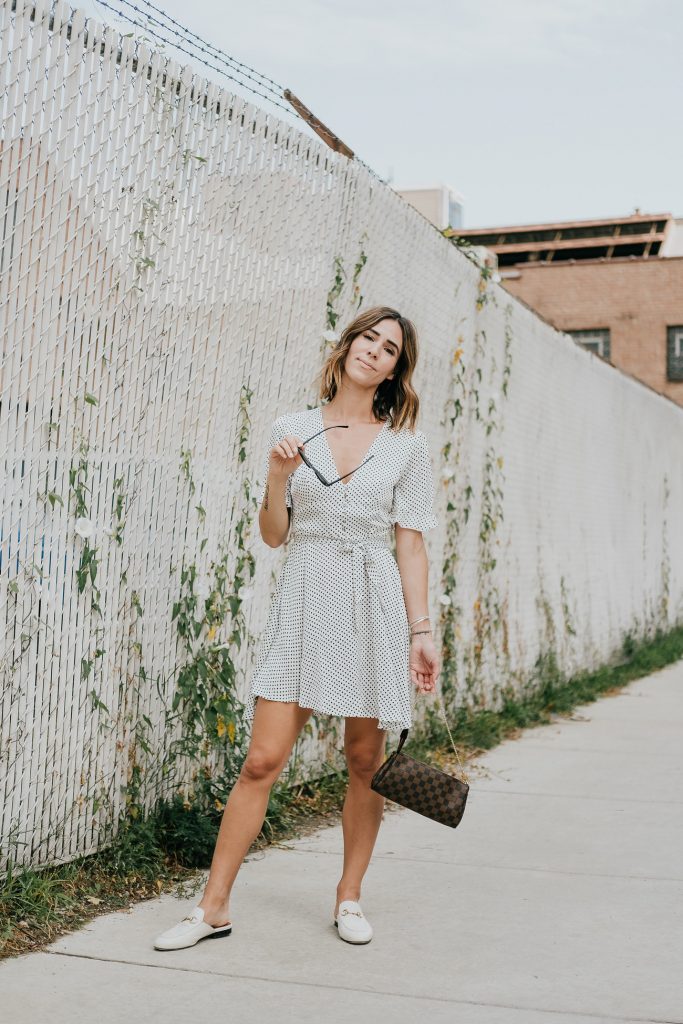 Blogger Mary Krosnjar wearing SHEIN Ruffle Sleeve Polka Dot Plunging Dress and Gucci Leather Loafers