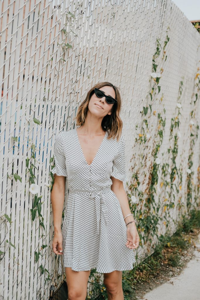 Blogger Mary Krosnjar wearing SHEIN Ruffle Sleeve Polka Dot Plunging Dress