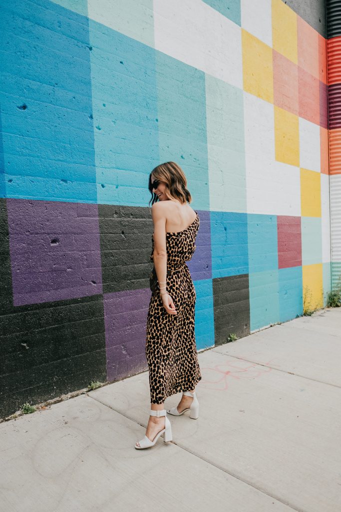 Blogger Mary Krosnjar wearing Who What Wear Leopard Print Long Sleeve One Shoulder Midi Dress