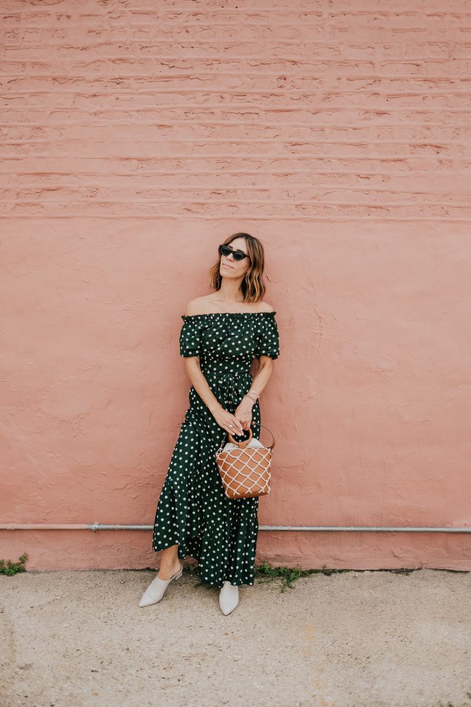 Blogger Mary Krosnjar wearing Polka Dot Fall Maxi Dress and AGL Mules