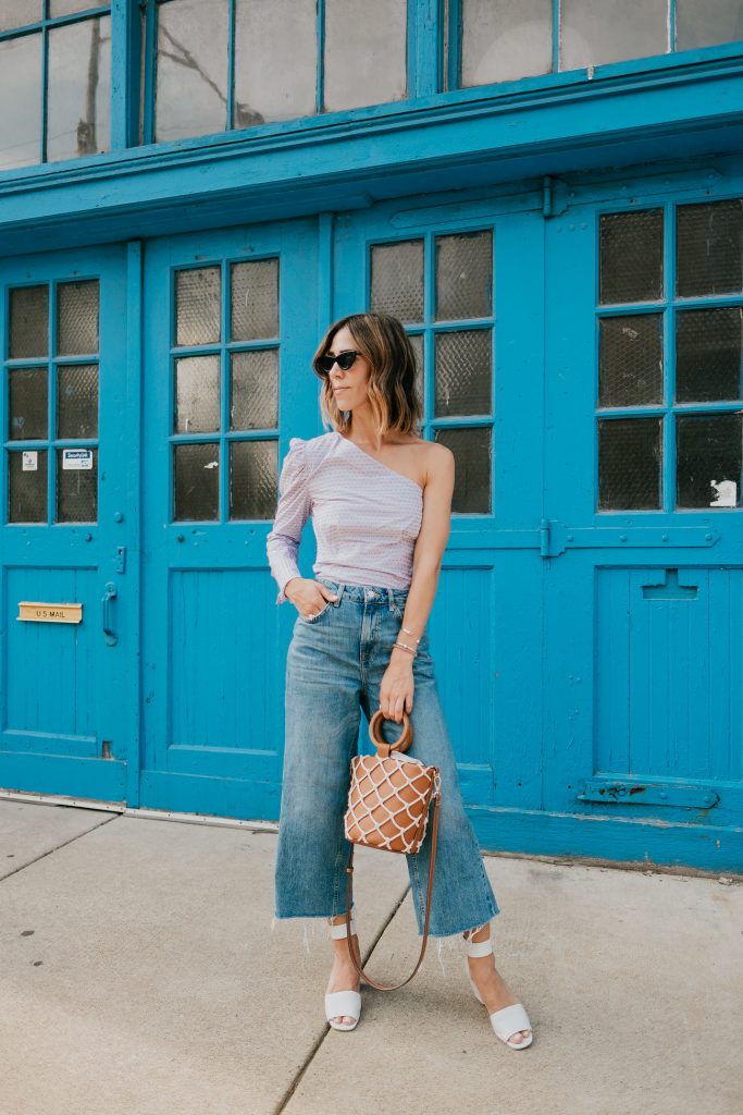 Blogger Mary Krosnjar wearing Who What Wear One Shoulder Top and Topshop Denim 