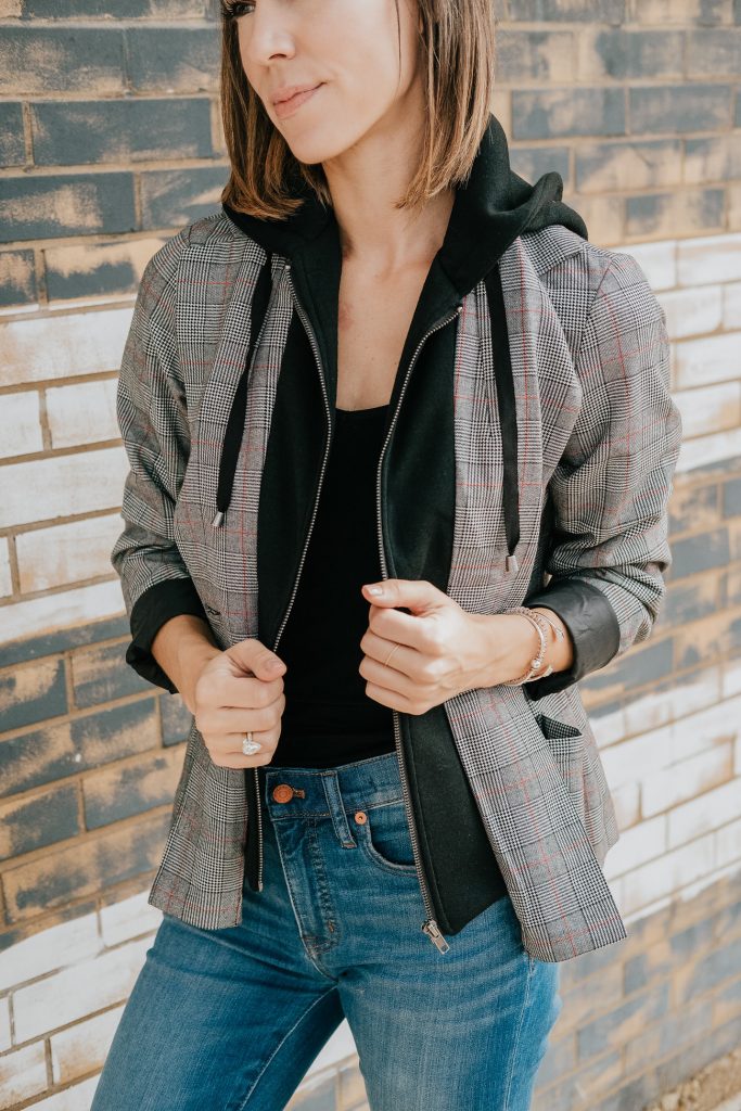 Blogger Mary Krosnjar wearing Target Plaid Hooded Layered Blazer Jacket 