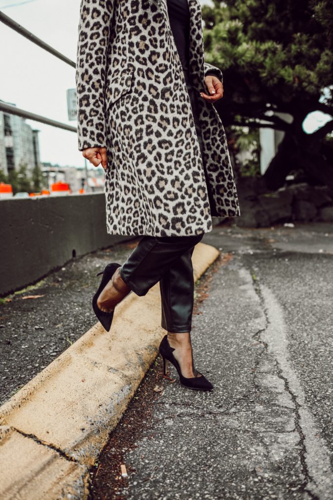 Sportsanista wearing Brush Leopard Coat with Faux Leather Pants, Sheer Socks and Black Suede Pumps 