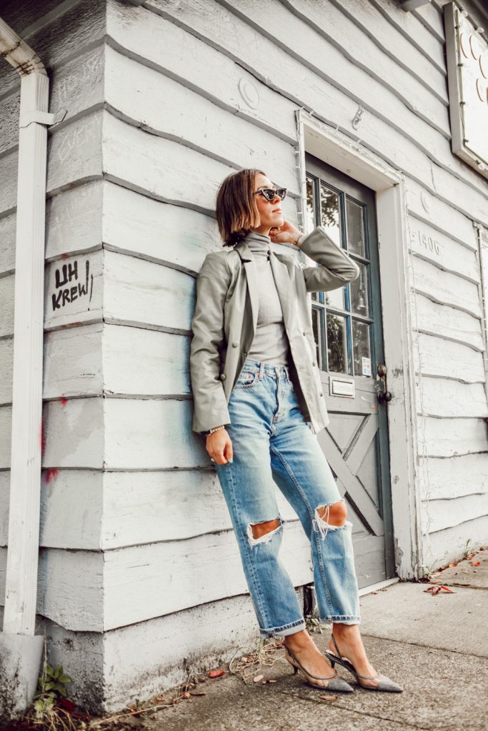 Blogger Mary Krosnjar wearing Sage Faux Leather Blazer and Topshop Dad Jeans 