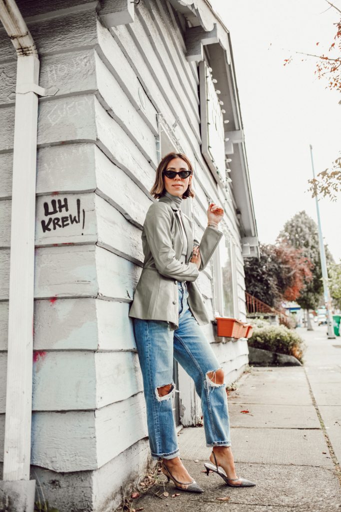 Seattle Fashion Blogger Sportsanista wearing Sage Faux Leather Blazer with Dad Jeans for Fall Look