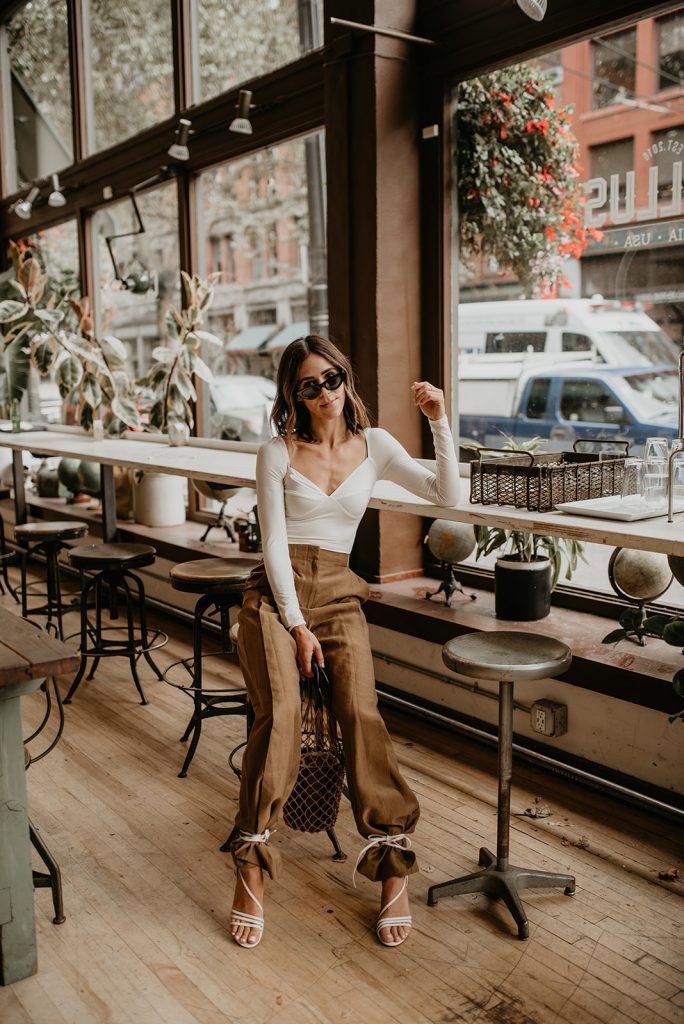 Seattle Fashion Blogger wearing Reformation Bodysuit and Topshop Pants for fall inspired look 