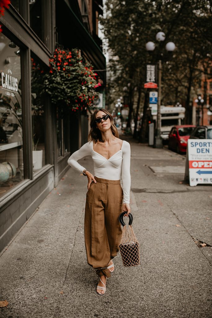 Fall inspired look, reformation bodysuit, topshop wide leg pants, fall look, fall outfit