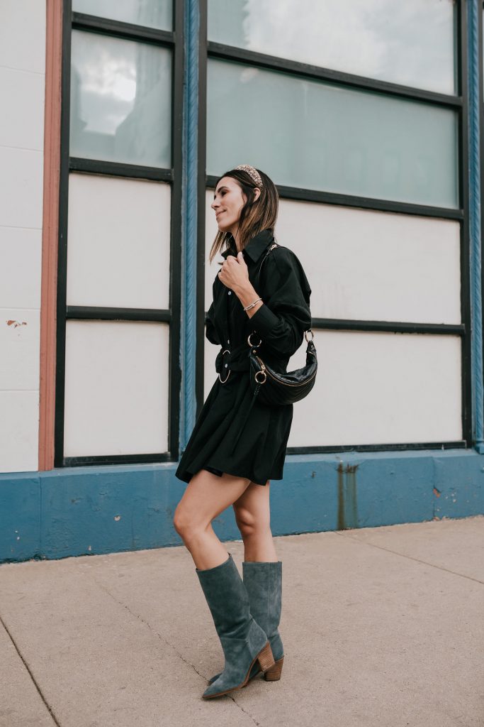 Seattle Blogger Sportsanista styling a black shirt dress and rhinestone padded headedband 