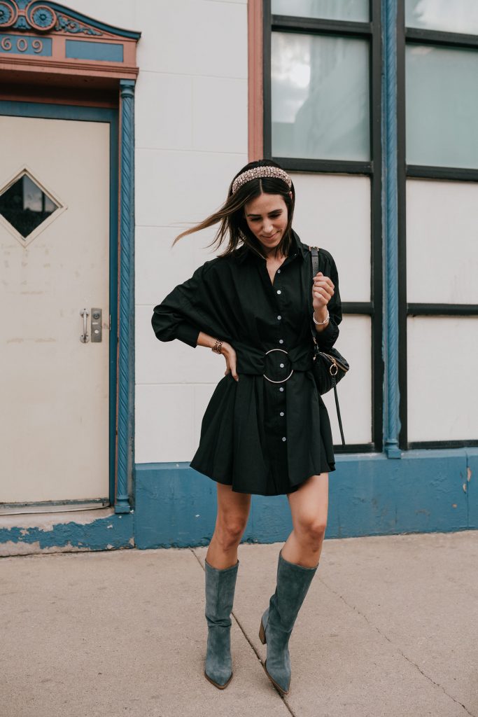Seattle Blogger wearing Sam Edelman Suede Boots and Black Shirt Dress