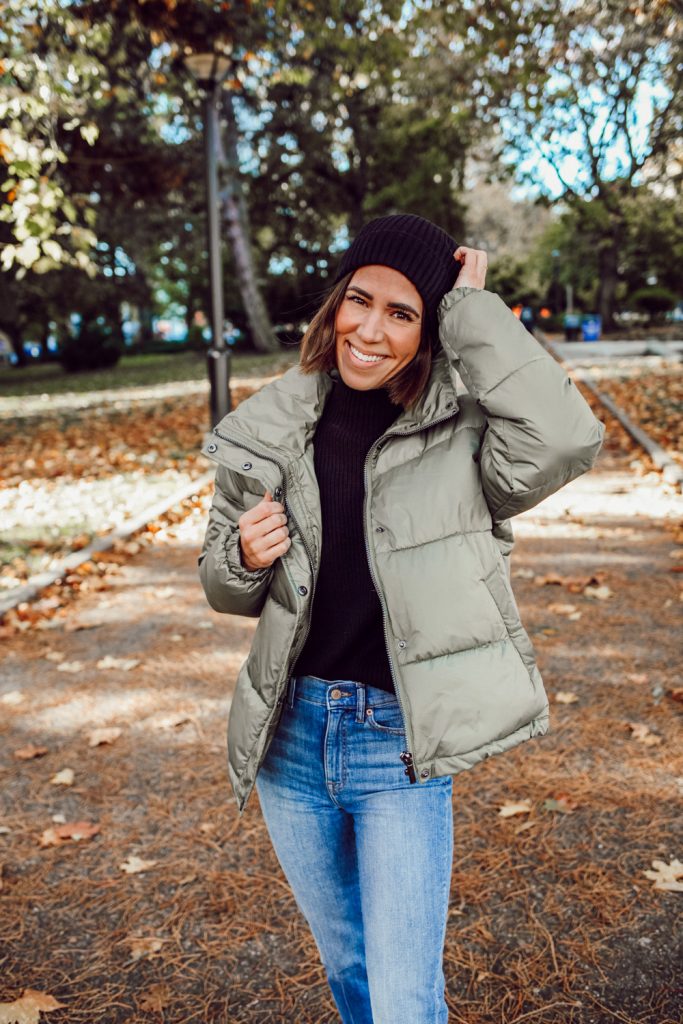 Sportsanista wearing The Drop Women's Dani Recycled Poly Puffer Jacket and The Drop Women's Gwen Long Sleeve Mock Neck Ribbed Sweater