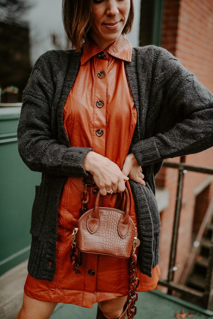 Blogger Mary Krosnjar wearing Who What Wear Faux Leather Dress and J.Crew Oversized Cardigan 