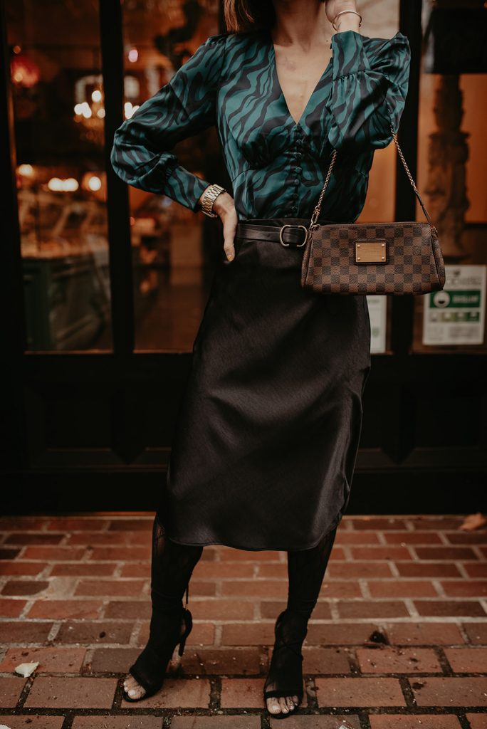 Seattle Blogger Mary Krosnjar wearing Slip Skirt and Gucci tights combination 
