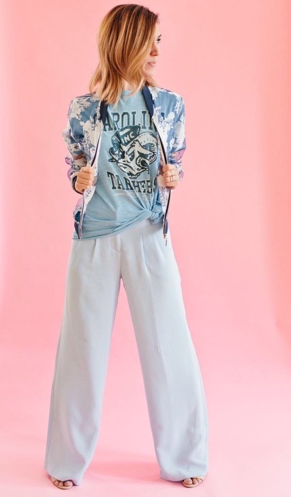 Forever 21 Wide leg pant, Organza Floral Bomber Jacket, North Carolina Tar Heels, UNC, College Game Day, Game Day Fashion, College Vault