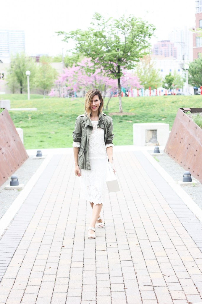 Zara white lace dress, & Other Stories Jeweled Sandals, Jeweled Sandals for Summer, Olive Utility jacket from Gap, Forever 21 White lunch bag purse, White summer purses, styling white for summer