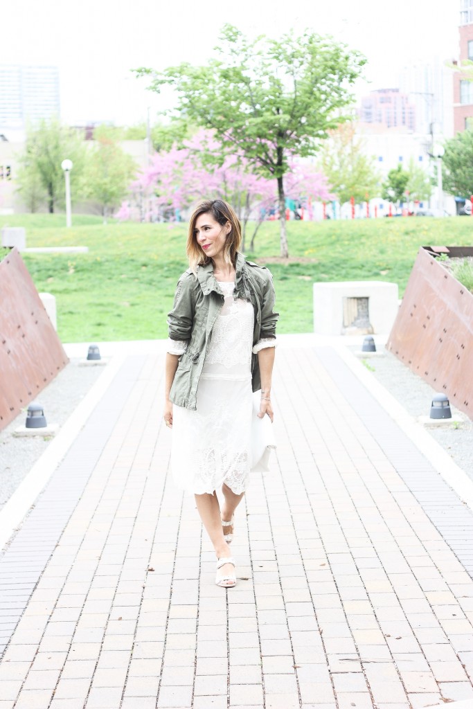 Zara white lace dress, & Other Stories Jeweled Sandals, Jeweled Sandals for Summer, Olive Utility jacket from Gap, Forever 21 White lunch bag purse, White summer purses, styling white for summer