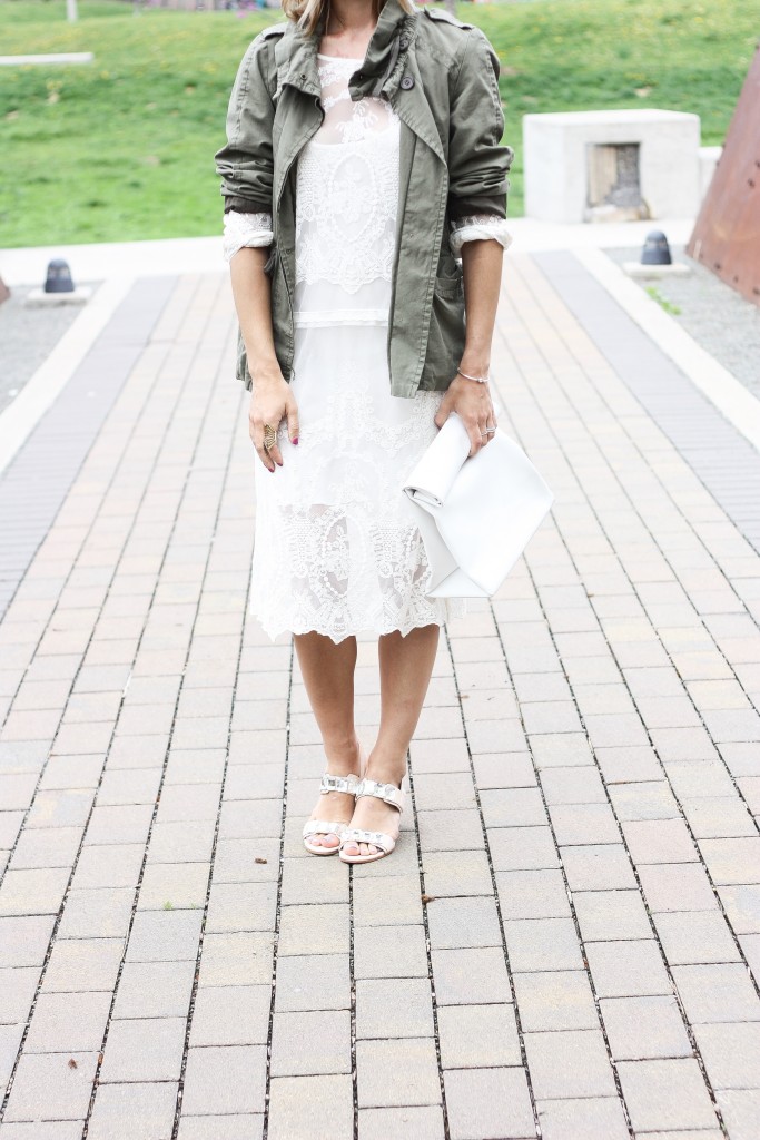 Zara white lace dress, & Other Stories Jeweled Sandals, Jeweled Sandals for Summer, Olive Utility jacket from Gap, Forever 21 White lunch bag purse, White summer purses, styling white for summer