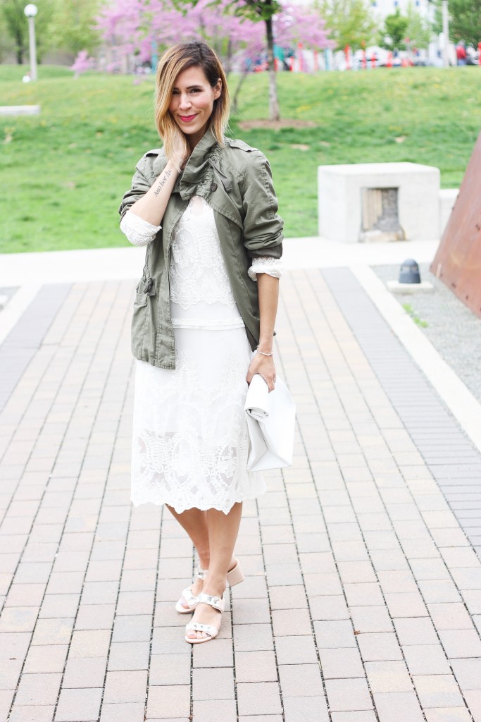 Zara white lace dress, & Other Stories Jeweled Sandals, Jeweled Sandals for Summer, Olive Utility jacket from Gap, Forever 21 White lunch bag purse, White summer purses, styling white for summer