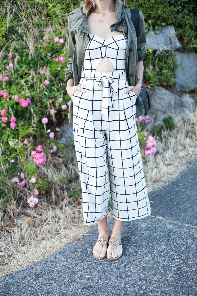 ASOS Jumpsuit in Grid Print with Cutout Detail, ASOS, Tory Burch Miller Sandals, GAP Utility Jacket, H&M Bucket bag, Seattle, Styling jumpsuits for summer, styling jumpsuits