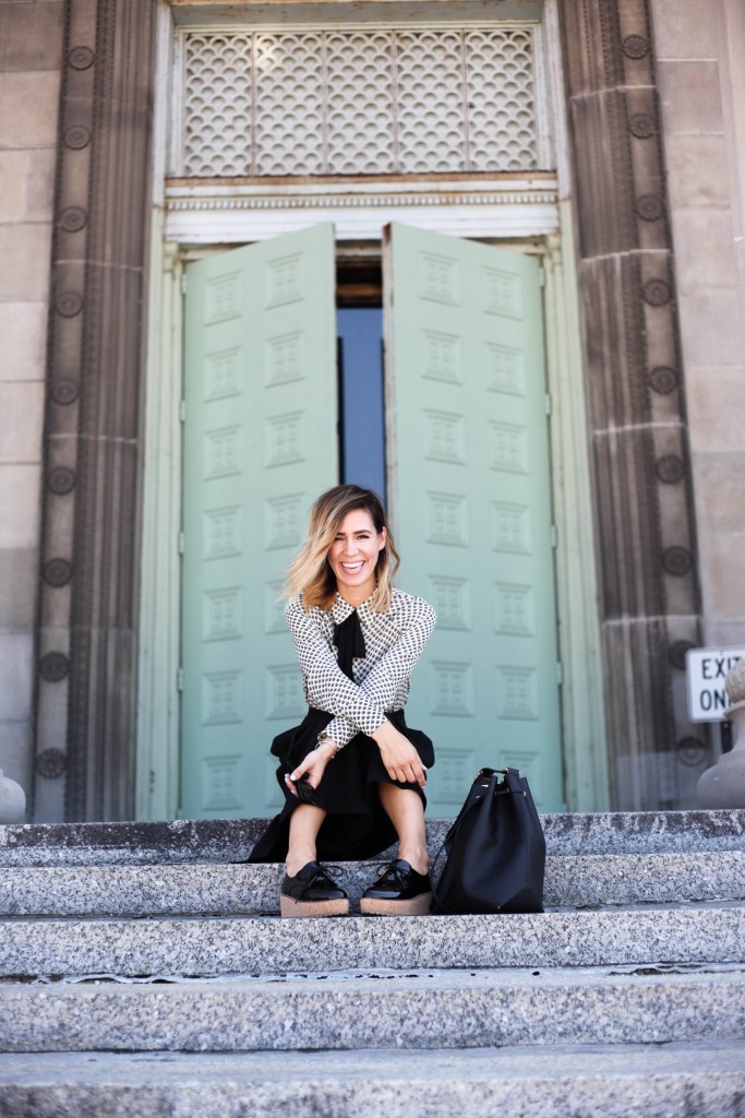 Wayf Tie Neck Button Front Blouse, 424 Fifth Culottes, Black Cat Eye Sunglasses, Black Leather Bucket Bag, Shellys Black Patent Cork Platform Shoes