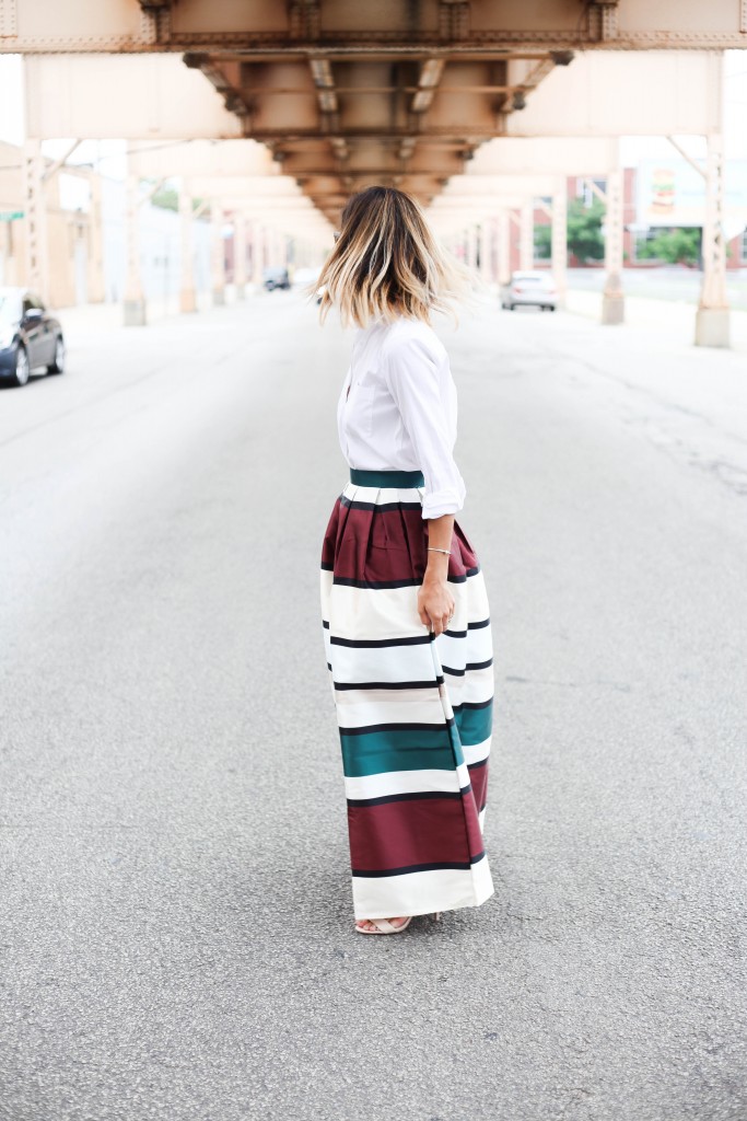 Shein Multicolor High Waist Striped Skirt , Ann Taylor Boyfriend Collared Shirt, Nude strap sandals, Chicago, L track Lake Street, Marc Jacobs Perforated Metal Sunglasses
