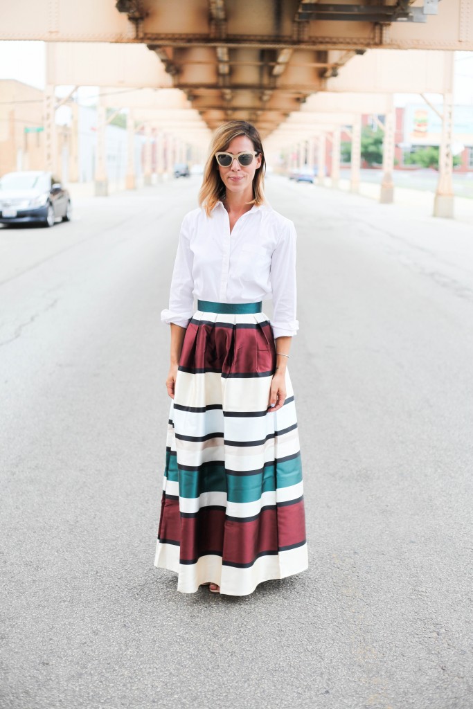 Shein Multicolor High Waist Striped Skirt , Ann Taylor Boyfriend Collared Shirt, Nude strap sandals, Chicago, L track Lake Street, Marc Jacobs Perforated Metal Sunglasses
