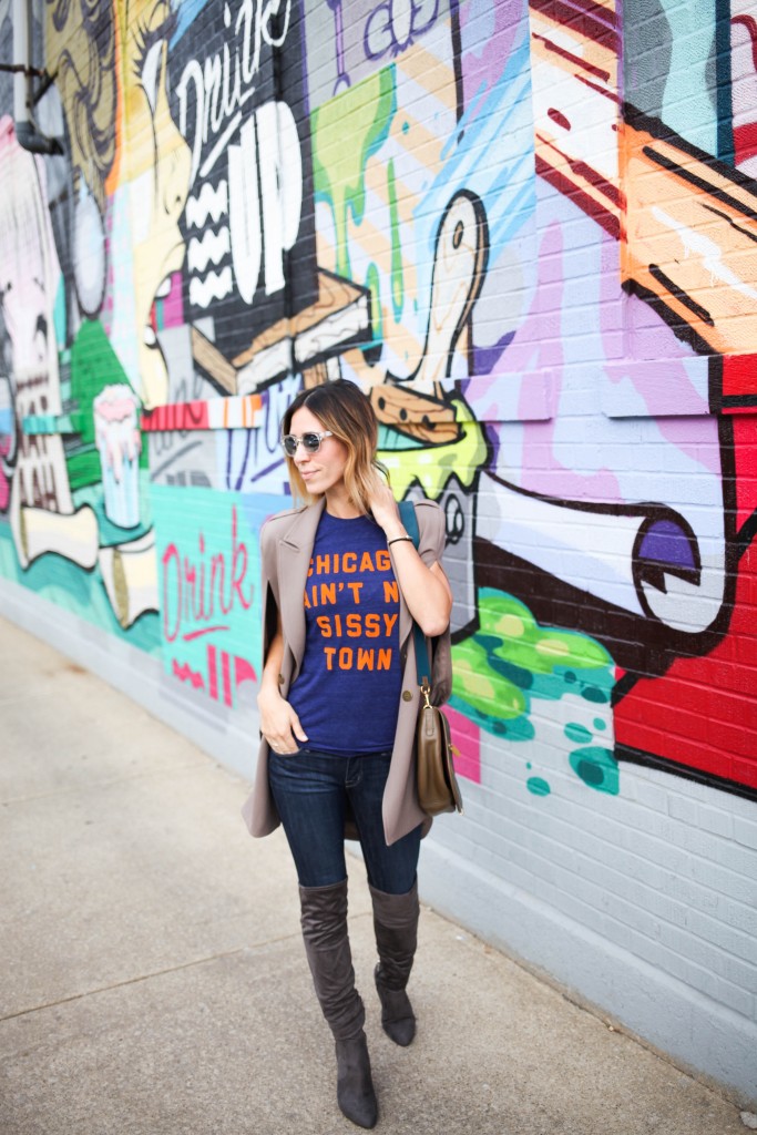 Game Day Fashion, Vans Vintage Clear Sunglasses, Ivanka Trump Saffri Over the Knee Suede Boots, DL 1961 Sculpted denim, Homage Aint No Sissy Town, Chicago Bears, Chicago Fashion, Game Day Inspiration