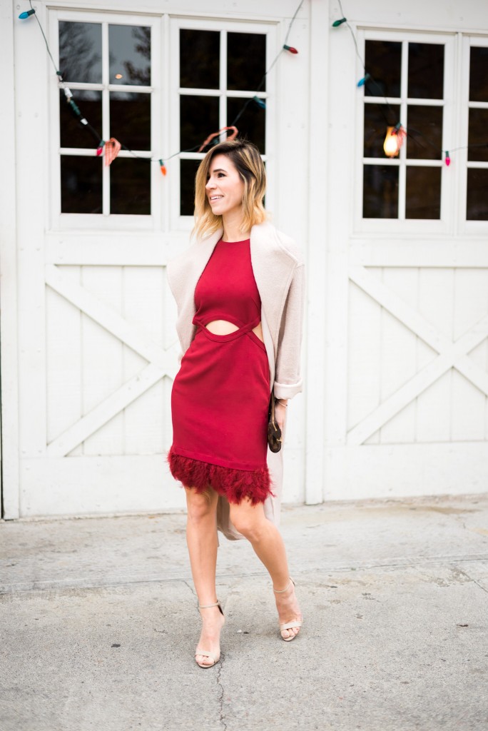 Holiday dress with feathers, ASOS Duster Coat, Schutz sandals, Louis Vuitton Satchel, Holiday Party Fashion Ideas