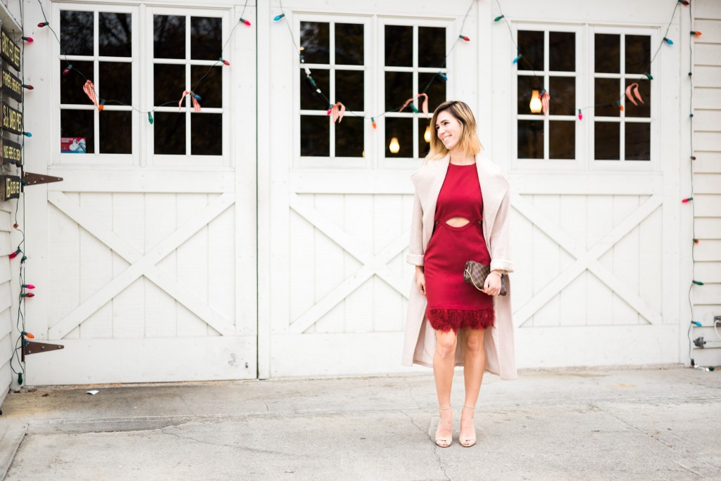Holiday dress with feathers, ASOS Duster Coat, Schutz sandals, Louis Vuitton Satchel, Holiday Party Fashion Ideas