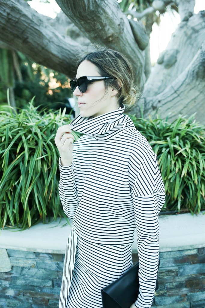 MISSGUIDED Stripe Turtleneck Crop Top, MISSGUIDED Stripe Skirt, Quay Cat Eye Sunglasses, J.Crew Envelope Clutch, Converse
