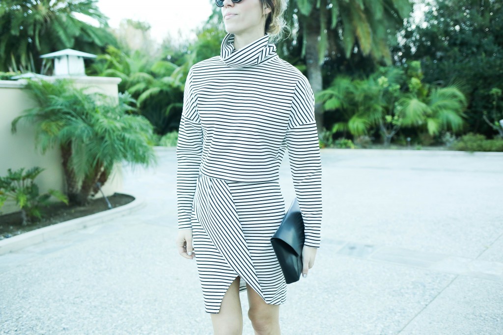 MISSGUIDED Stripe Turtleneck Crop Top, MISSGUIDED Stripe Skirt, Quay Cat Eye Sunglasses, J.Crew Envelope Clutch, Converse