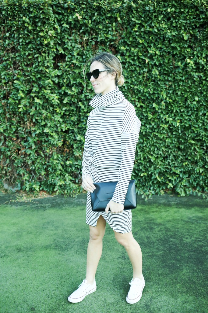 MISSGUIDED Stripe Turtleneck Crop Top, MISSGUIDED Stripe Skirt, Quay Cat Eye Sunglasses, J.Crew Envelope Clutch, Converse