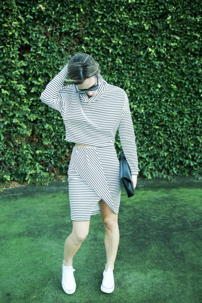 MISSGUIDED Stripe Turtleneck Crop Top, MISSGUIDED Stripe Skirt, Quay Cat Eye Sunglasses, J.Crew Envelope Clutch, Converse