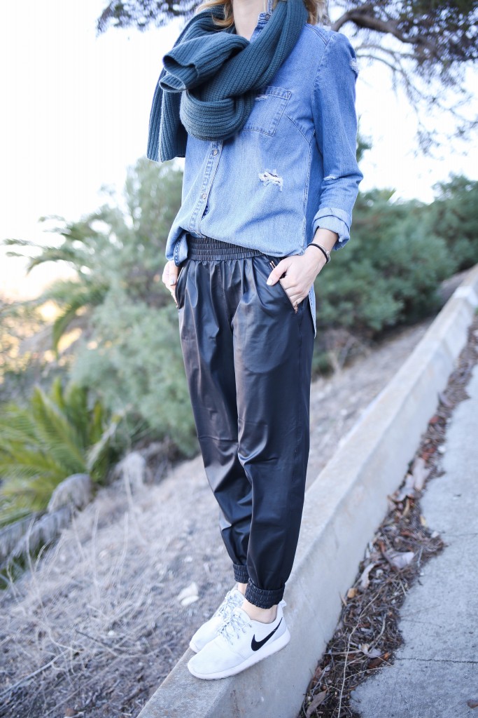 Faux Leather Track Pants, A Day, Paige Distressed Denim Top, Nike Roshe, Travel Fashion, Athleisure