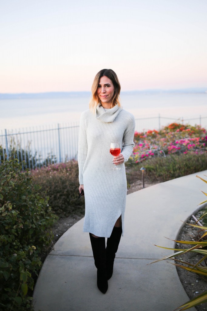 LOFT Turtleneck Sweater Dress, Kate Spade Nessa Too Slouch Boot, Quay Cat Eye Sunglasses, Palos Verdes, California Sunset