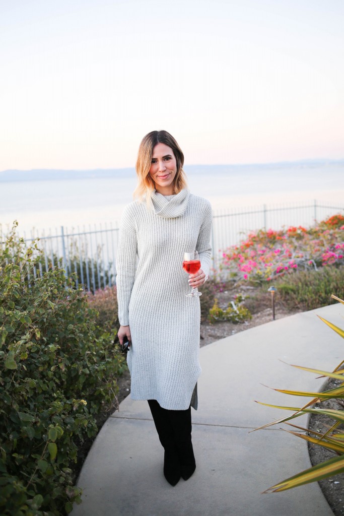 LOFT Turtleneck Sweater Dress, Kate Spade Nessa Too Slouch Boot, Quay Cat Eye Sunglasses, Palos Verdes, California Sunset, Saddleback Ranch Wine