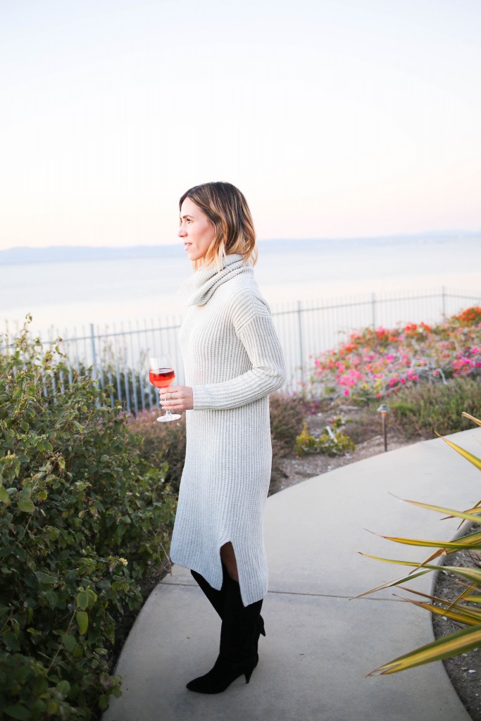 LOFT Turtleneck Sweater Dress, Kate Spade Nessa Too Slouch Boot, Quay Cat Eye Sunglasses, Palos Verdes, California Sunset, Saddleback Ranch Wine