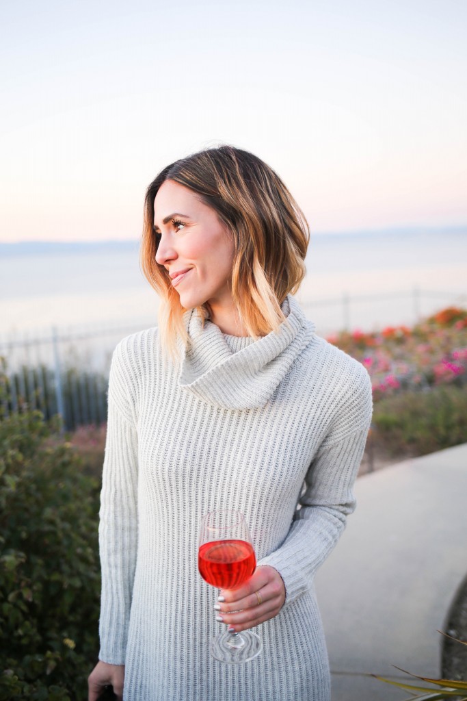 LOFT Turtleneck Sweater Dress, Kate Spade Nessa Too Slouch Boot, Quay Cat Eye Sunglasses, Palos Verdes, California Sunset, Saddleback Ranch Wine