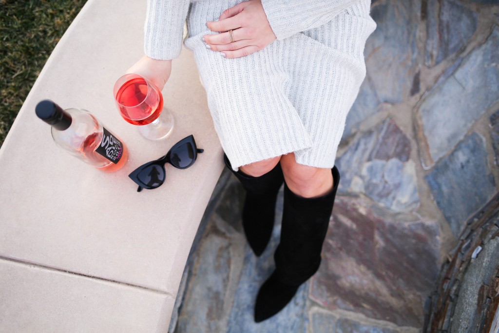 LOFT Turtleneck Sweater Dress, Kate Spade Nessa Too Slouch Boot, Quay Cat Eye Sunglasses, Palos Verdes, California Sunset, Saddleback Ranch Wine