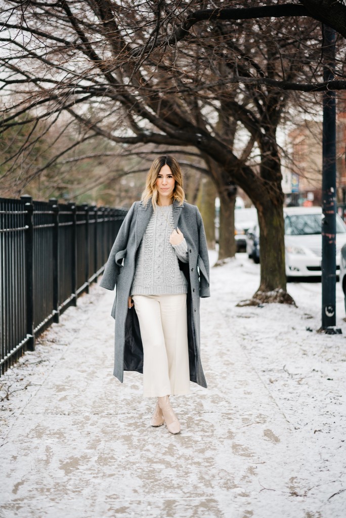 Perspex Heeled Ankle Boots, Topshop Grey Duster Coat, Ann Taylor Drapey Crop Pants, Banana Republic Stitch Crew Pullover, Winter Whites