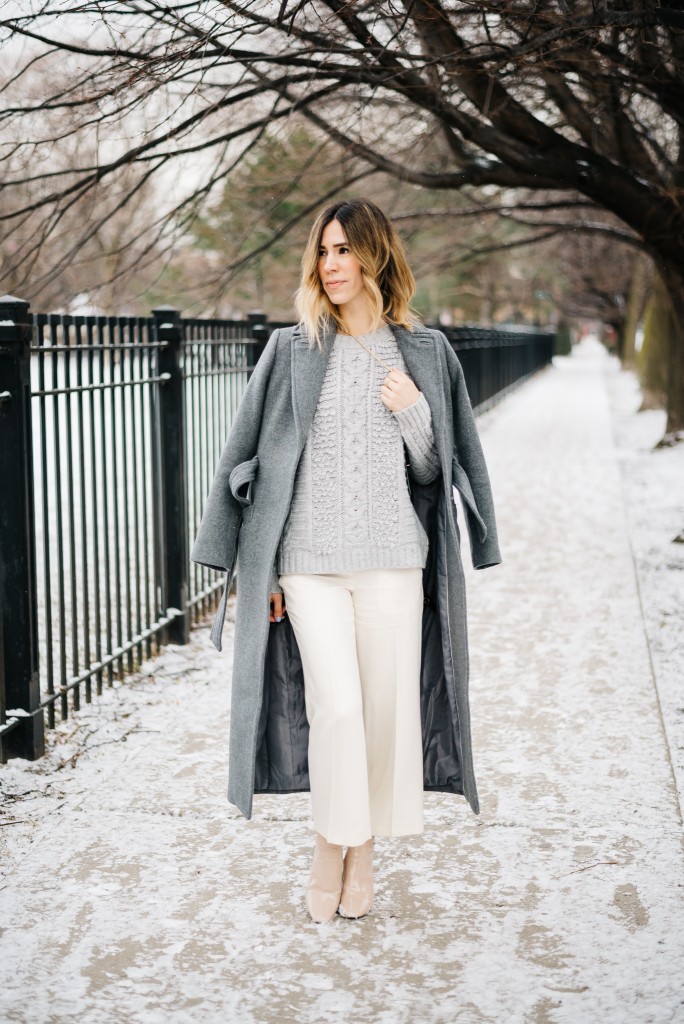 Perspex Heeled Ankle Boots, Topshop Grey Duster Coat, Ann Taylor Drapey Crop Pants, Banana Republic Stitch Crew Pullover, Winter Whites