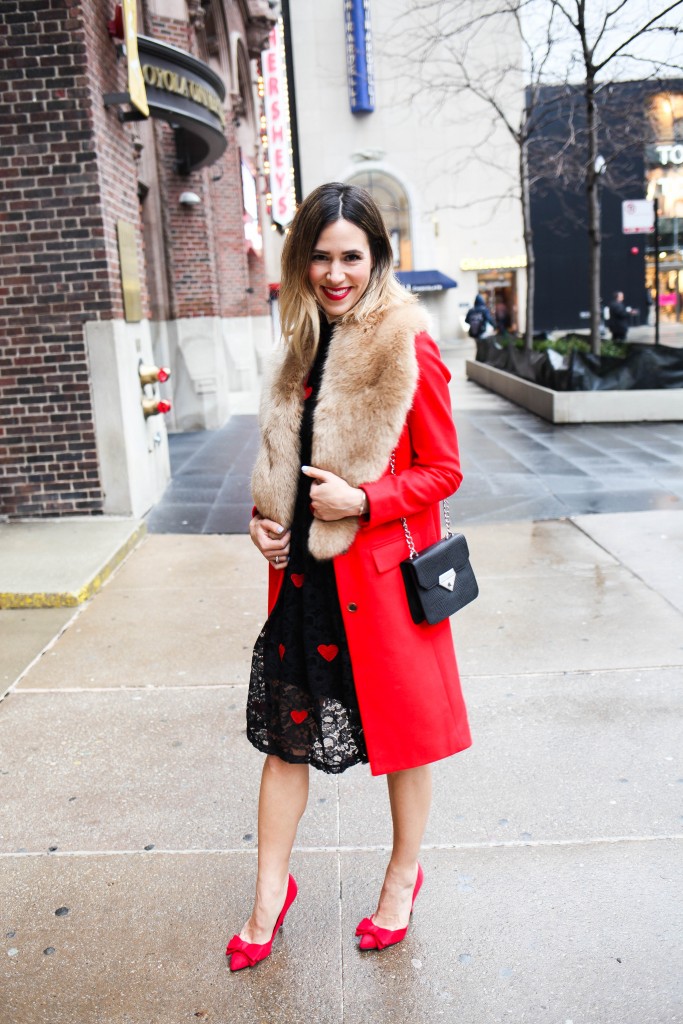 Valentines Day Ideas, Valentines Day Fashion, Red Pea Coat, Choies Black Heart Embroidery Lace High Neck Ruffle Dress, Stila Lip Color, Jessica Simpson Bow Pumps