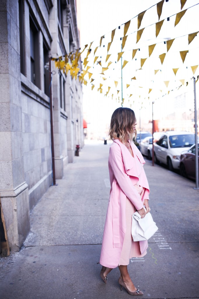 Pink tie front sweater dress, Sole Society jeweled pointed toe pump, Easter Sunday fashion ideas, Pink Long Sleeve Lapel Pockets Coat